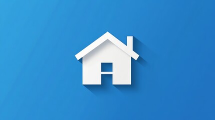 A simple white home icon with a long shadow on a blue background.