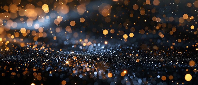 Abstract glitter lights background with soft blue, gold, and black tones, creating a dreamy de-focused effect, ideal for festive banners, holiday designs, and elegant digital displays. - Powered by Adobe