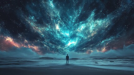 Fototapeta premium A person stands on a beach under a stunning cosmic sky filled with vibrant colors and swirling galaxies, inspiring a sense of wonder.