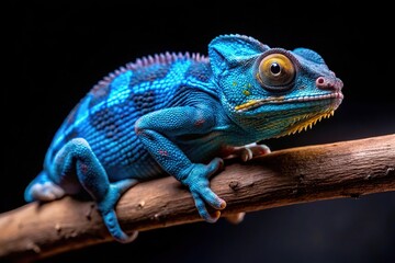 Fototapeta premium Blue chameleon on branch isolated on black background