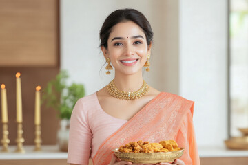 A beautiful Indian woman wearing a light pink and orange saree holding sweets on a plate, a gold necklace around her neck,