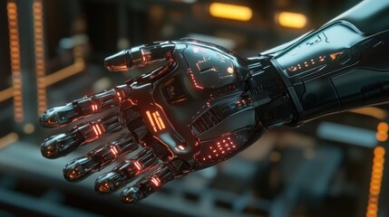 A futuristic robotic hand with glowing elements, showcasing advanced technology.
