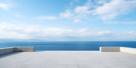Obraz premium swimming pool and sea, Empty concrete terrace with sea view and blue sky 3d rendering, 