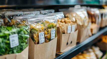 Close-up of eco-friendly packaging for food products at a retail store