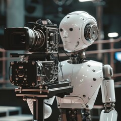 Fototapeta premium robotic operator with cameraman using video camera on tripod robot vs human standing together broadcasting artificial intelligence technology concept flat full length horizontal vector illustration