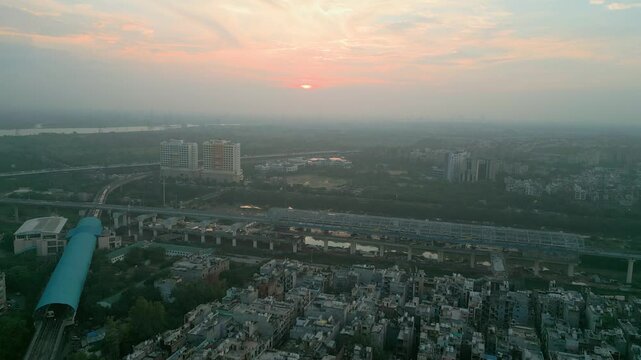 beautiful sunset in noida sector 15 done moving front view delhi in india