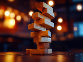 Wooden blocks game tower balancing on tabletop with blurred background