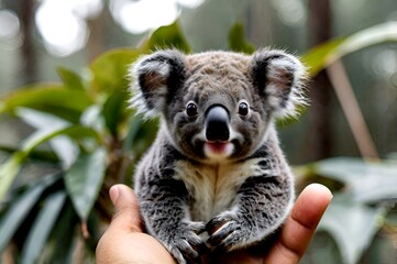 Fototapeta premium Cute little koala sitting on a human hand