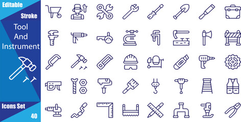 Tool & Instrument thin line icons set. Building Tools editable stroke icon.