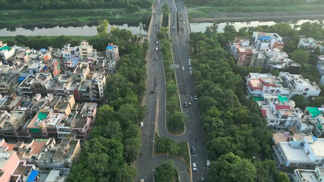 Udhyog Marg noida sector 15 closeup to wide drone moving front bird eye view in noida delhi in india