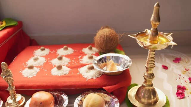 Indian Traditional Ganesh Pooja arrangement closeup view