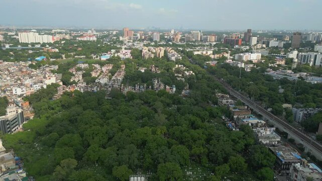burial ground near by rk ashram metro station drone moving left to right view in paharganj in new delhi in india