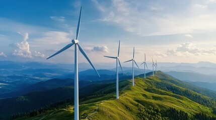 Wind turbines on a lush green hillside under a bright blue sky.