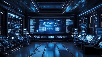 Obraz premium Futuristic control room with advanced technology and screens.
