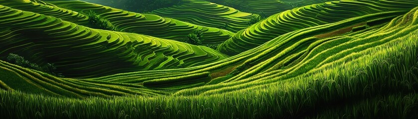 Fototapeta premium Lush green terraces create a stunning landscape, showcasing the beauty of nature and agricultural harmony in rolling hills.