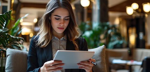 Digital tablet used by a focused young businesswoman in a hotel setting.