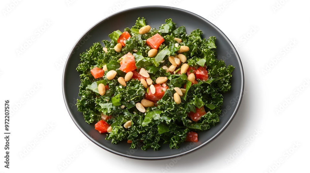 Wall mural Fresh kale salad with pine nuts and diced tomatoes on black plate