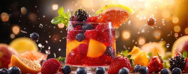 Refreshing fruit cocktail with splashes, vibrant colors, and fresh ingredients, perfect for summer celebrations and gatherings.