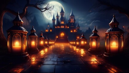 glowing lanterns on the background of the castle dark gloomy pumpkins, halloween concept