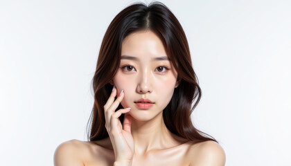 Fototapeta premium Elegant portrait of a woman with long hair, showcasing natural beauty and skin care with a serene expression against a white background.