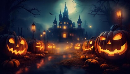 glowing lanterns on the background of the castle dark gloomy pumpkins, halloween concept
