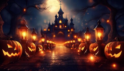 glowing lanterns on the background of the castle dark gloomy pumpkins, halloween concept
