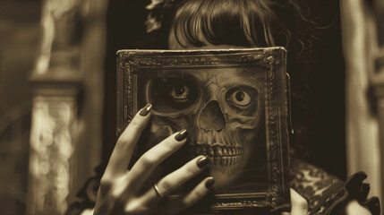 Person holding a book with a skull cover, obscuring their face.