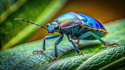 Fototapeta premium Blue shield bug crawling on a green leaf in macro closeup photography with selective focus depth of field.