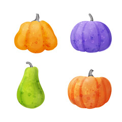 Cute Watercolor Pumpkins. Bright Vector Vegetable Illustrations for Halloween Kids Design