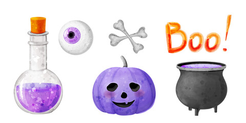 Set of witch elements for Halloween design. Vector watercolor illustration of cauldron, potion, eye, pumpkin, bones