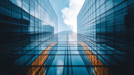 Low angle shot of modern glass buildings in a city.