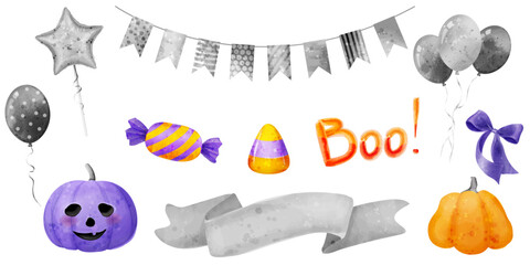 Halloween Design Kit. Balloons, Garland, Flags, Candy, Pumpkin, Banner