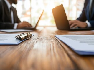 Focused professionals collaborating at a wooden table with laptops and documents, depicting a modern business meeting environment.