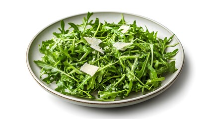 Fototapeta premium Fresh arugula salad with parmesan on a white plate