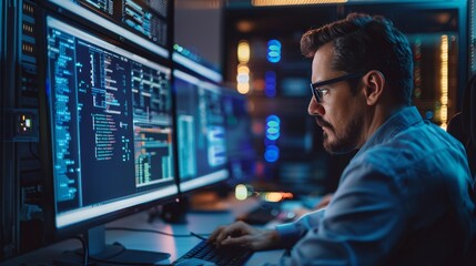 Dedicated system administrator analyzing complex code and performance data in a dimly lit room