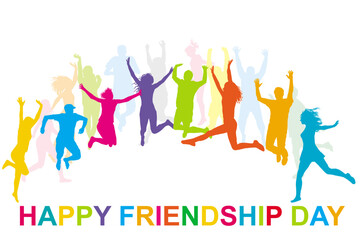 Happy Friendship Day illustration with silhouettes of happy people jumping.eps
