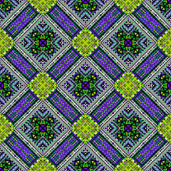 Geometrical pattern in purple and green colors with traditional motifs.eps