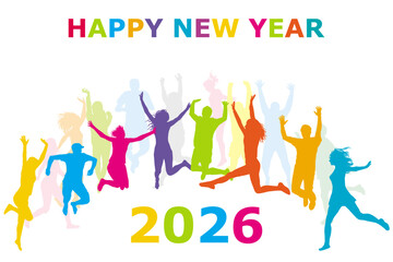 Happy New Year 2026 illustration with  silhouettes of happy people jumping.eps
