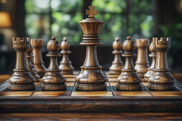 A wooden chessboard with pieces arranged in a strategic formation, with the king in the center. The background is a blurred image of nature.