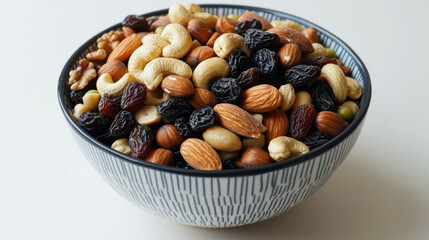 A bowl filled with a variety of nuts and dried fruits.  It has cashews, walnuts, almonds, peanuts, raisins, black beans, and peas.