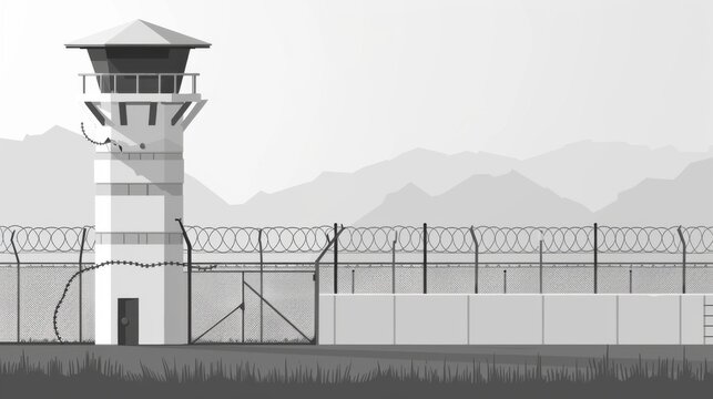 Prison watchtower protected by wire of prison fence. White prison wall and guard tower with coiled barbed wire. Criminal justice imprisonment concept