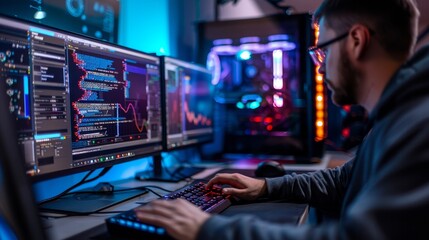 Dynamic system administrator engaged in complex coding amidst a high tech environment