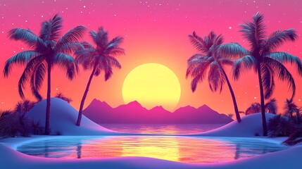 Obraz premium Silhouettes of palm trees against a vibrant sunset sky with a glowing sun.