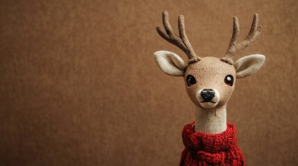 A cute stuffed deer wearing a red sweater against a brown background.