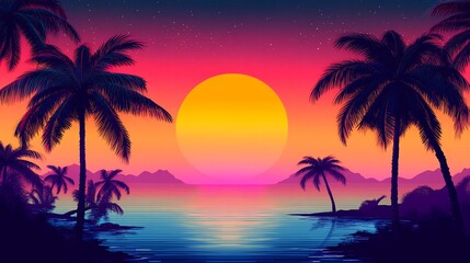 Silhouette of palm trees against a vibrant sunset over the ocean.