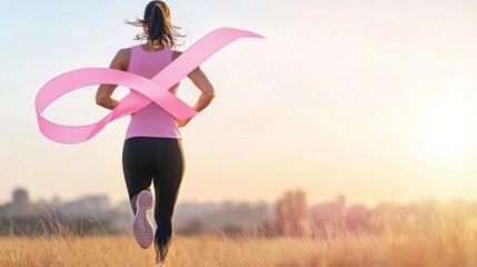 Strength in Stride - Woman with Pink Ribbon Running through Field for Breast Cancer Awareness with Clear Sky Copy Space, Generative Ai