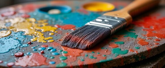 Fototapeta premium Paint Brush with Colorful Paint Splatters on Rustic Wooden Board - Artistic Mess
