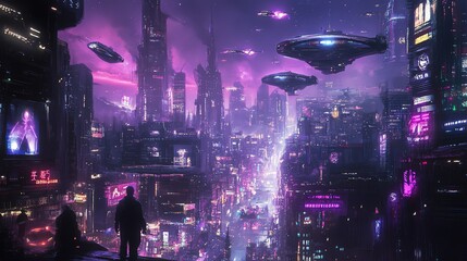 Naklejka premium A futuristic city with flying vehicles and neon lights.