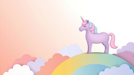 Cute pastel-colored unicorn standing on a rainbow with candy-colored clouds, whimsical fantasy, cheerful and dreamy scene.