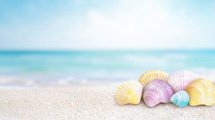 Obraz premium Colorful pastel seashells on the beach, candy hues, calming seaside, Watercolor style